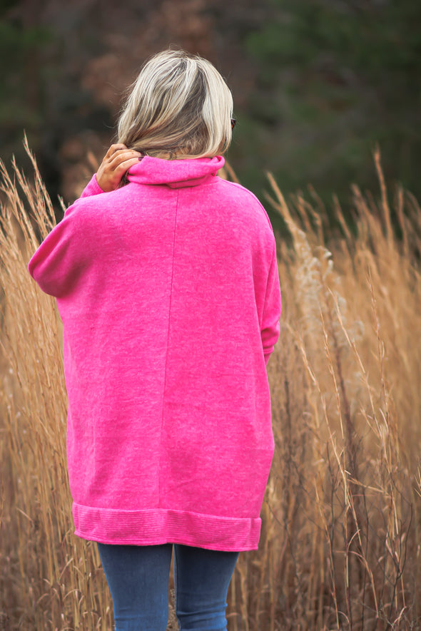 Fuchsia Brushed Knit Cowl Neck Top