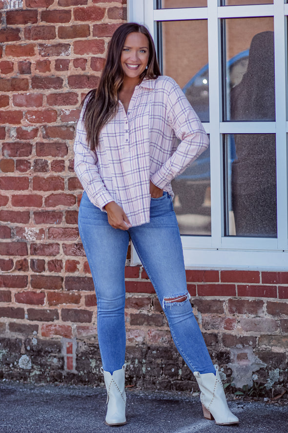 Baby Pink & Charcoal Plaid Button Up Blouse