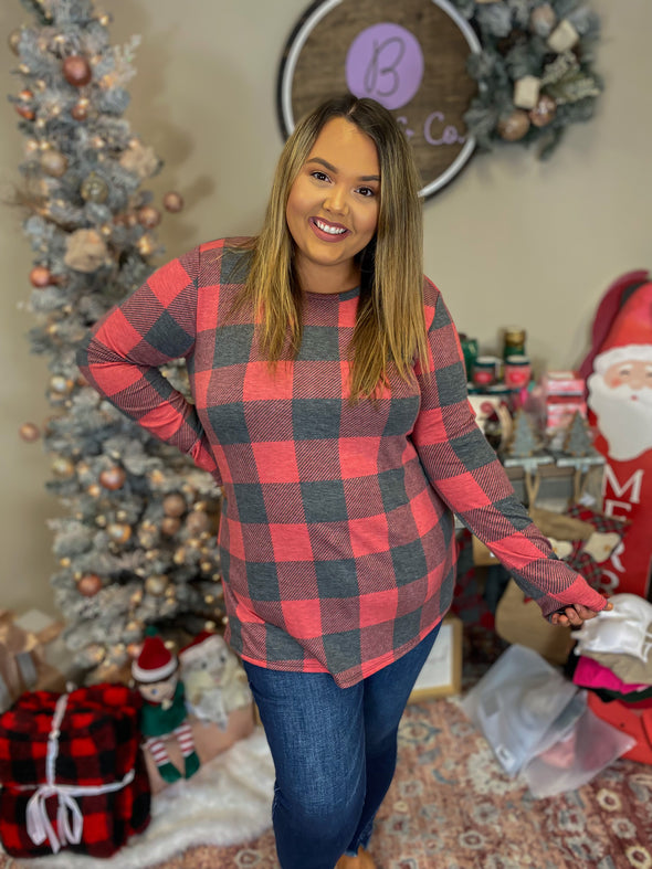 Red Buffalo Plaid Button Detail Top In Regular & Curvy