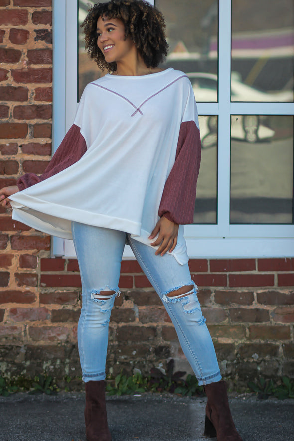 Ivory & Mauve Contrast Bubble Sleeve Top