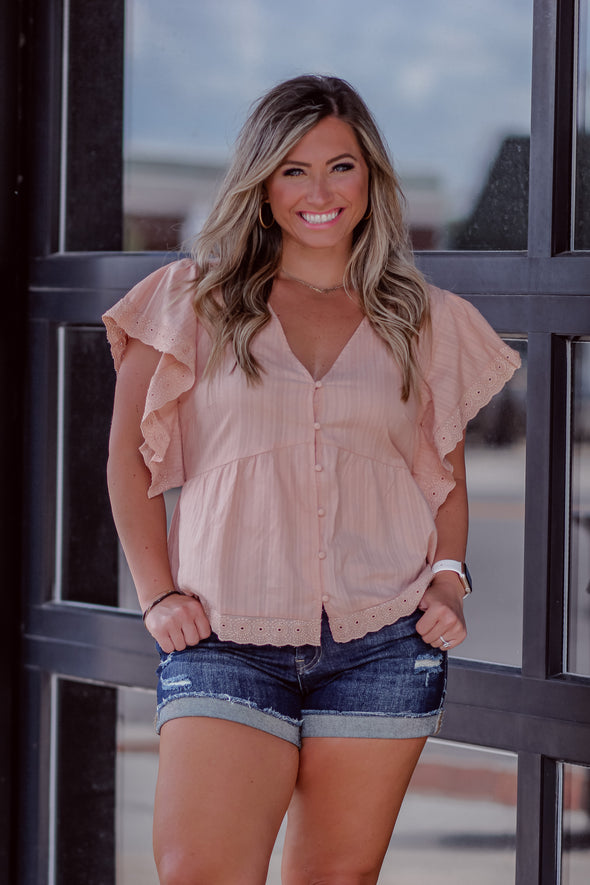 Blush Lace Button Down Peplum Top