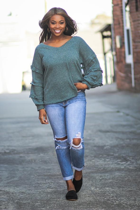 Hunter Green Tiered Bubble Sleeve Top