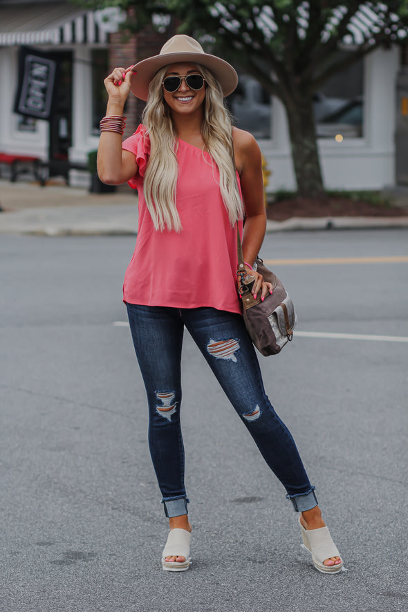 Coral Solid Ruffle One Shoulder Top in Regular & Curvy