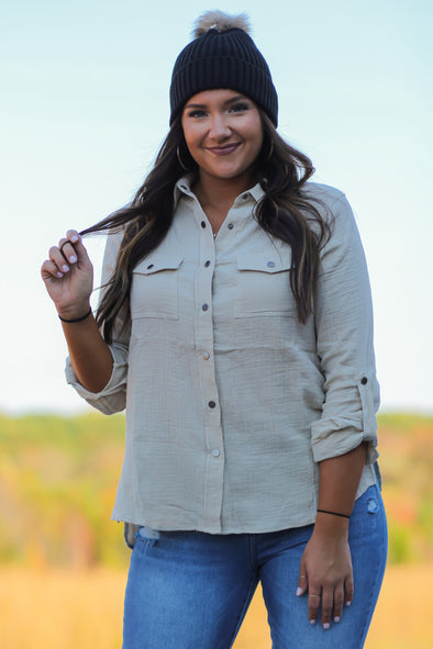 Khaki Gauze Button Down Top