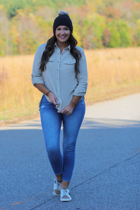 Khaki Gauze Button Down Top