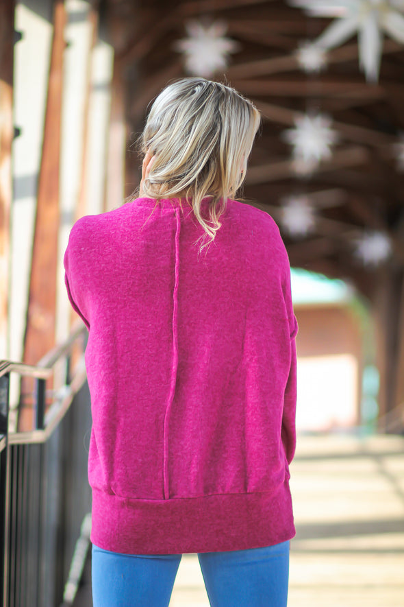 Magenta Brushed Front Pocket Sweater in Regular & Curvy