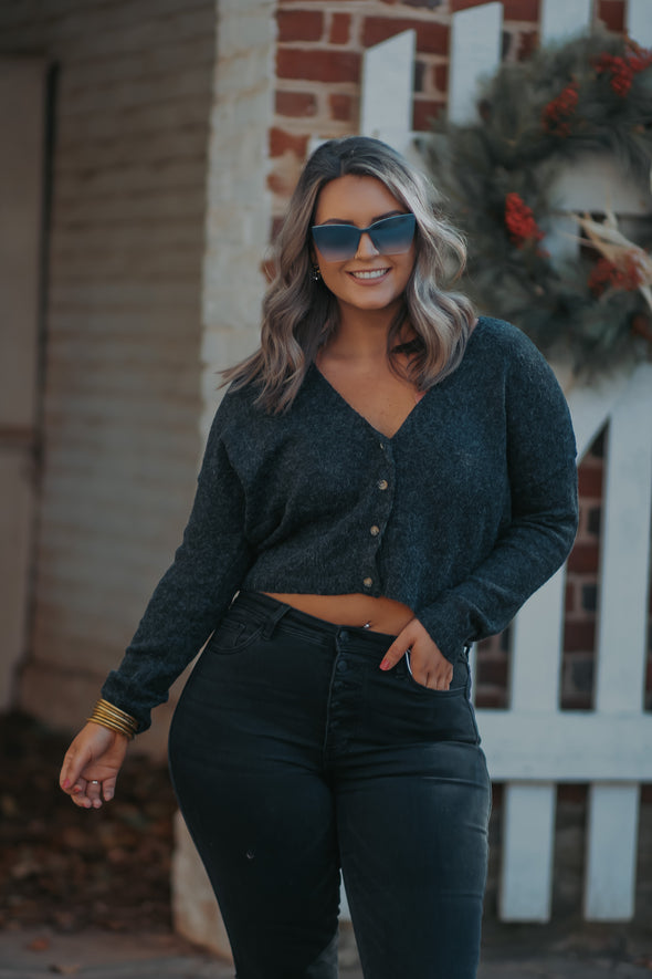 Charcoal Fuzzy Button Down Sweater Top