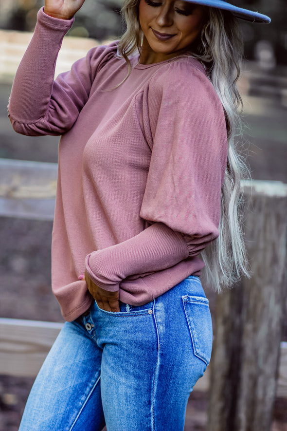 Marsala Thermal Knit Puff Sleeve Top