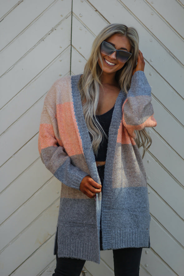 Heather Grey & Coral Colorblock Open Front Cardigan
