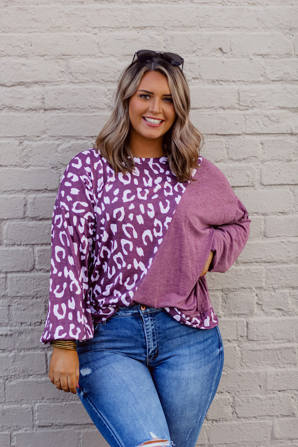 Sangria & Ivory Leopard Color Block Long Sleeve Top