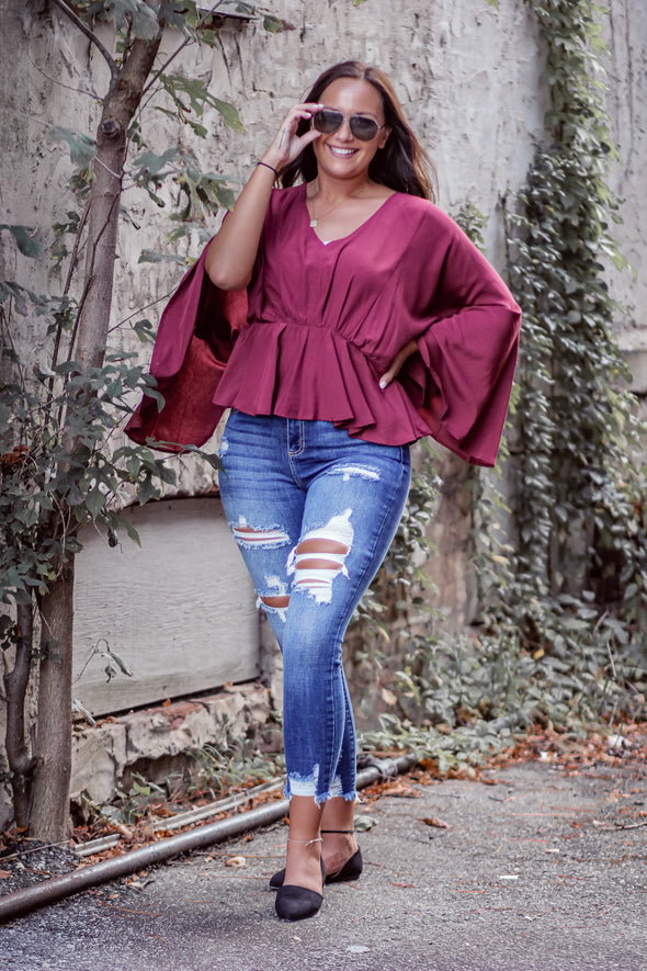 Wine V Neck Batwing Peplum Blouse