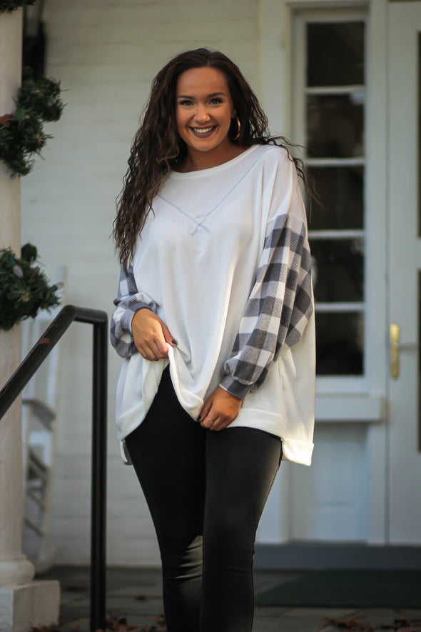 Ivory & Grey Plaid Contrast Bubble Sleeve Top