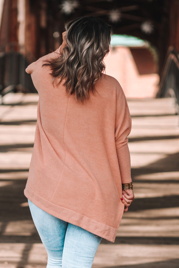 Peach Brushed Knit Cowl Neck Top