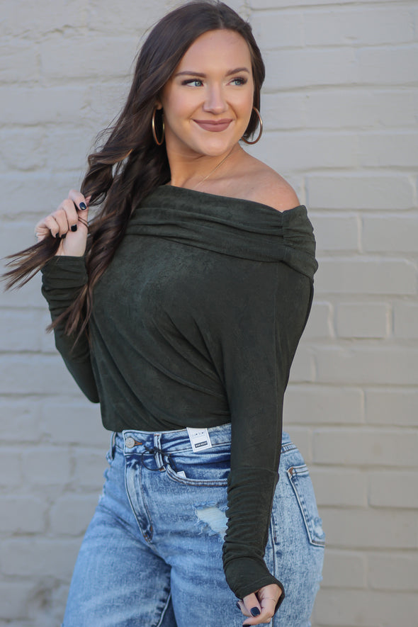 Olive Off Shoulder Long Sleeve Bodysuit