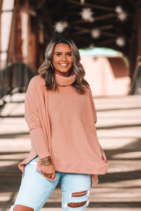 Peach Brushed Knit Cowl Neck Top