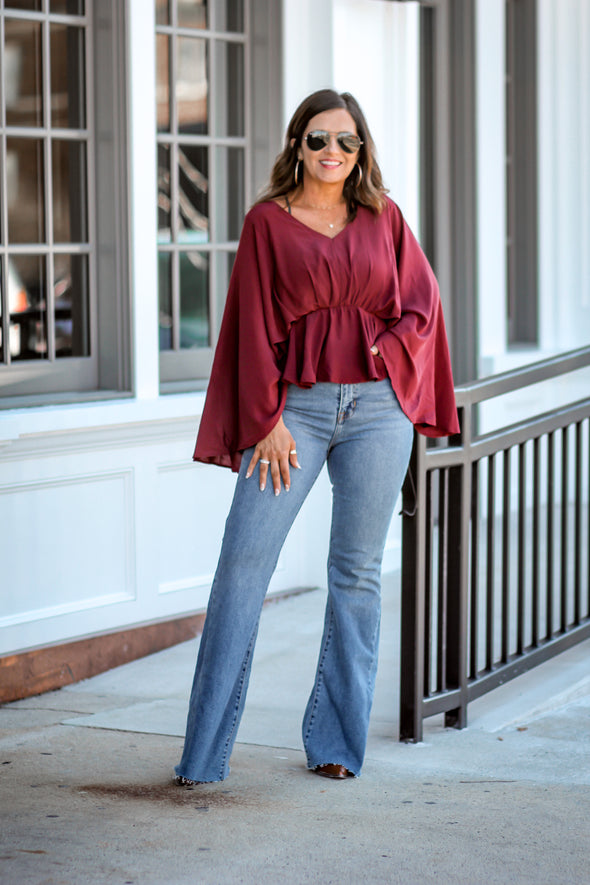 Wine V Neck Batwing Peplum Blouse