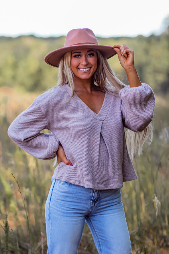 Oatmeal Balloon Sleeve V Neck Knit Top