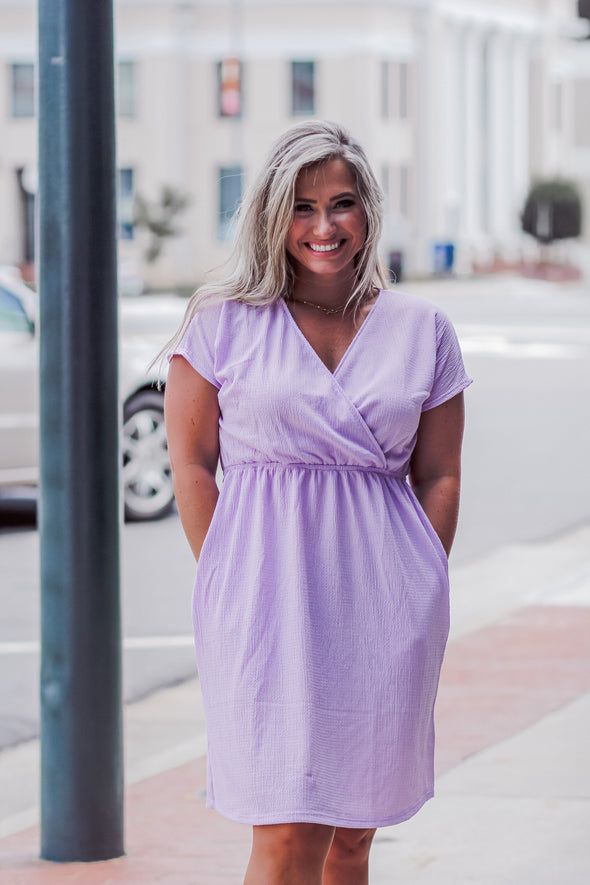 Solid Mini Faux Wrap Dress in Two Colors, Regular & Curvy