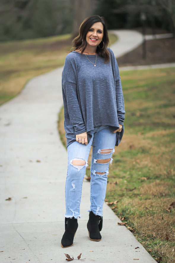 Denim Blue Hacci Knit Long Sleeve Boatneck Top