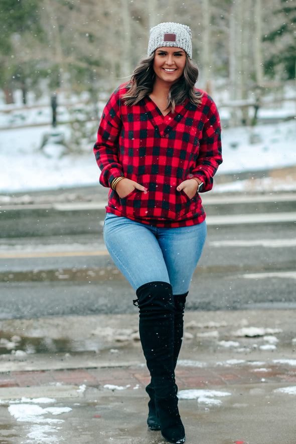 Red Buffalo Plaid Hacci Knit Hoodie Top