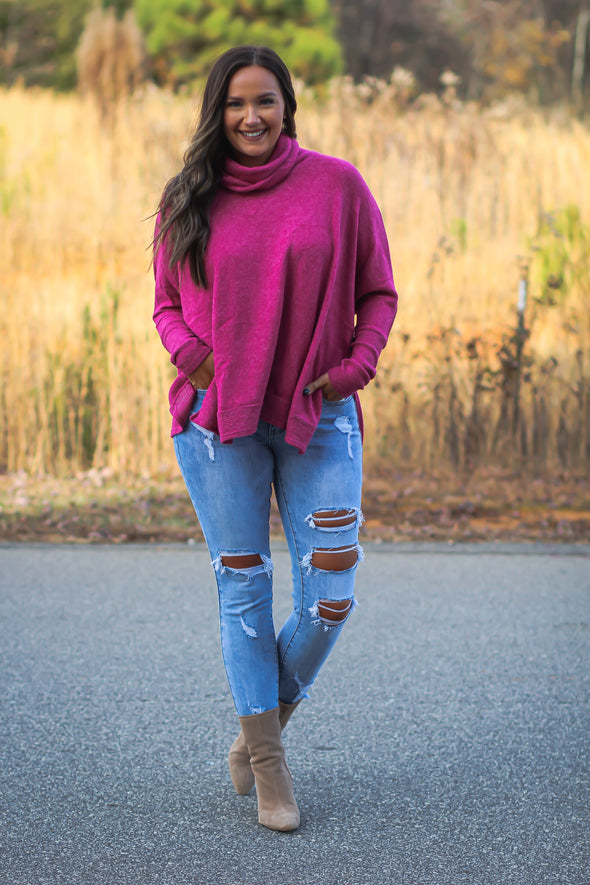 Magenta Soft Knit Cowl Neck Poncho Top