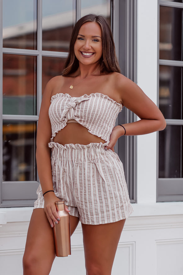 Taupe Stripe Smocked Two Piece Set