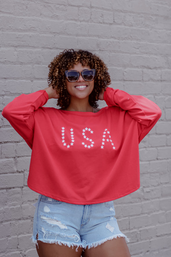 Red & Ivory Star USA Open Back Long Sleeve Top