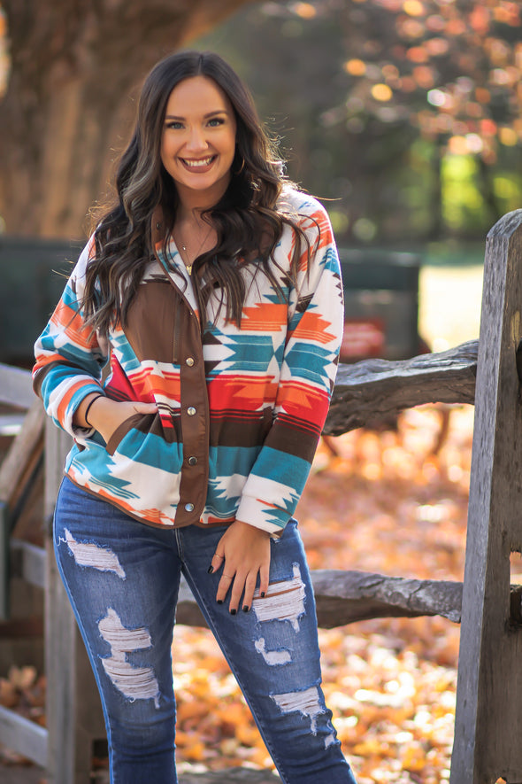 Teal & Brown Aztec Fleece Jacket