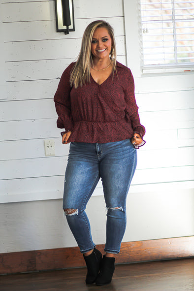 Burgundy & Black Spot Peplum Blouse