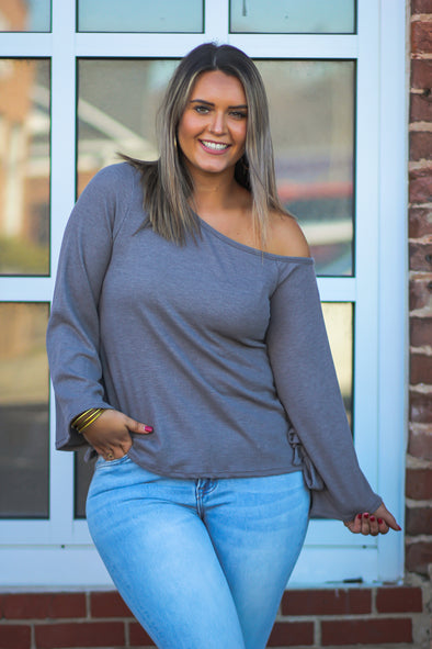 Charcoal Off Shoulder Tie Sleeve Top