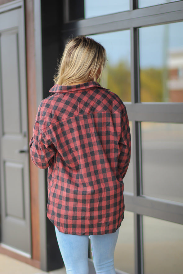 Deep Red Plaid Button Down Flannel Top