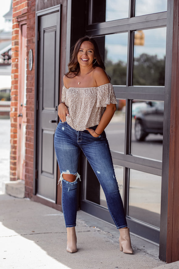 Taupe Ditsy Floral Off Shoulder Top