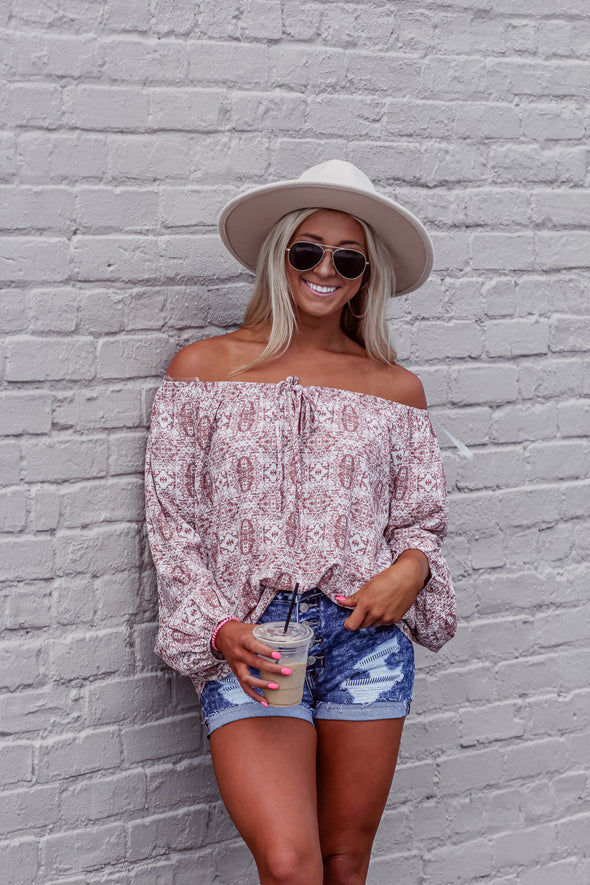 Brick Aztec Keyhole Off Shoulder Blouse