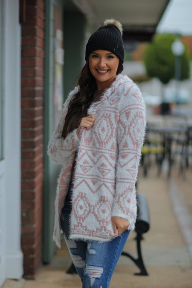 Ivory & Blush Fuzzy Hooded Cardigan