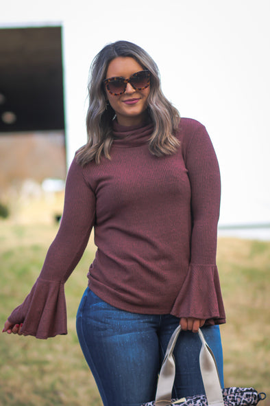 Dusty Rust Ribbed Bell Sleeve Top