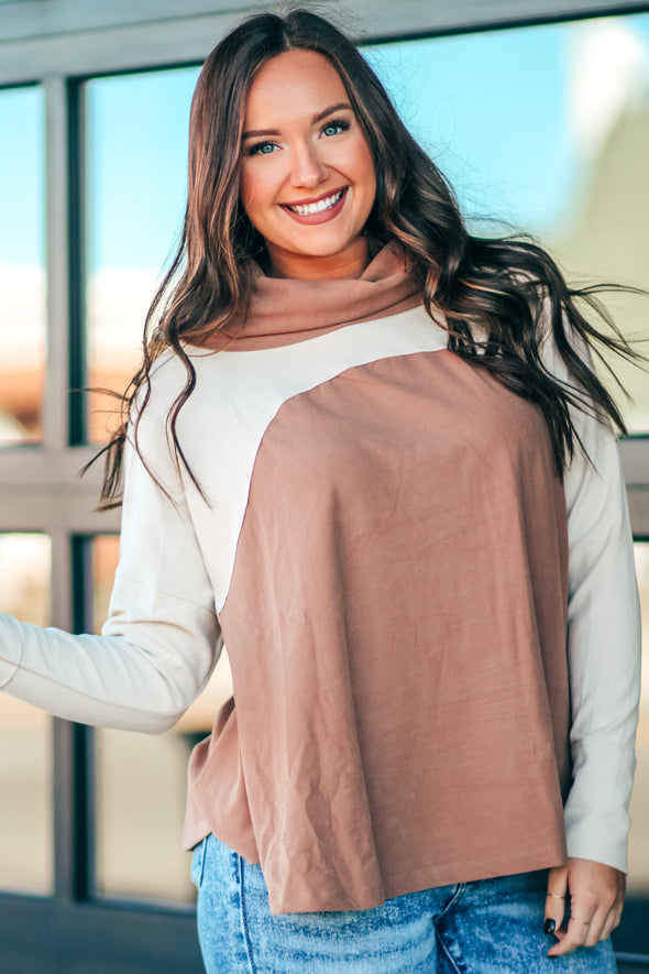 Taupe & Mocha Cowl Neck Pullover Top