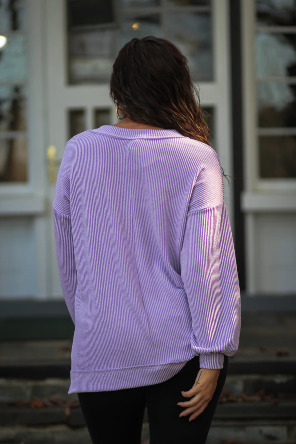 Lavender Ribbed V Neck Pullover Top