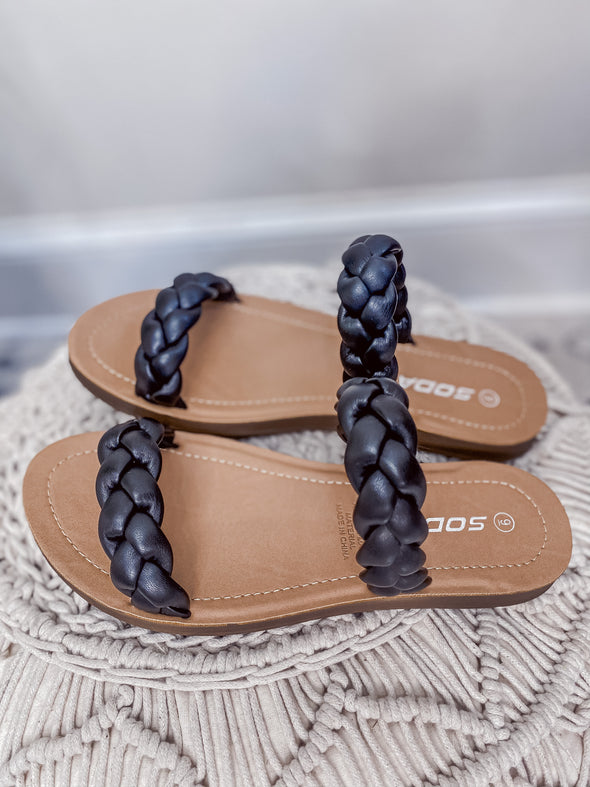 Black Braided Double Strap Slip on Sandal