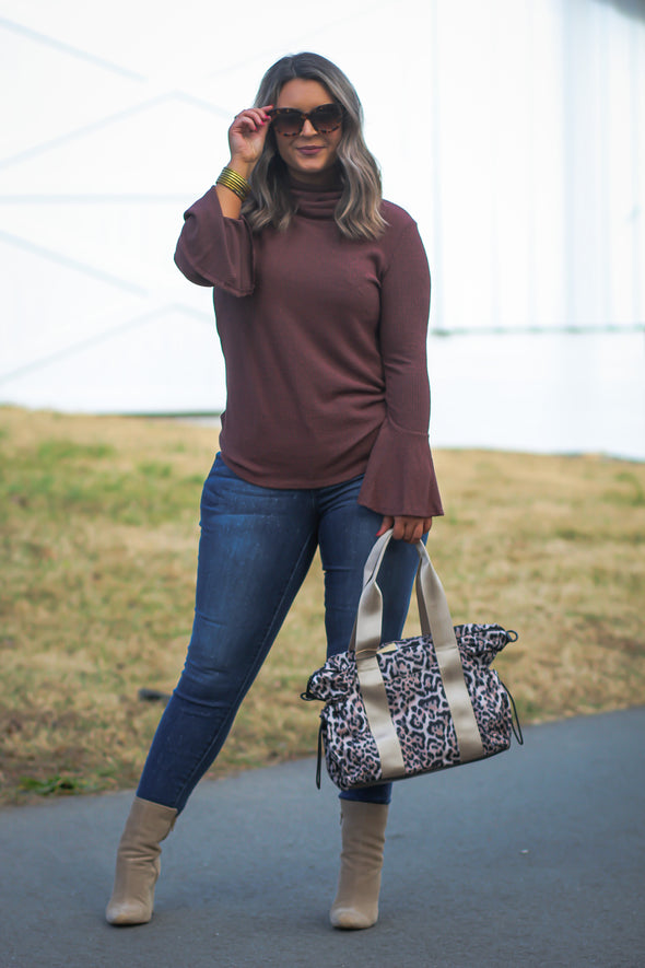 Dusty Rust Ribbed Bell Sleeve Top