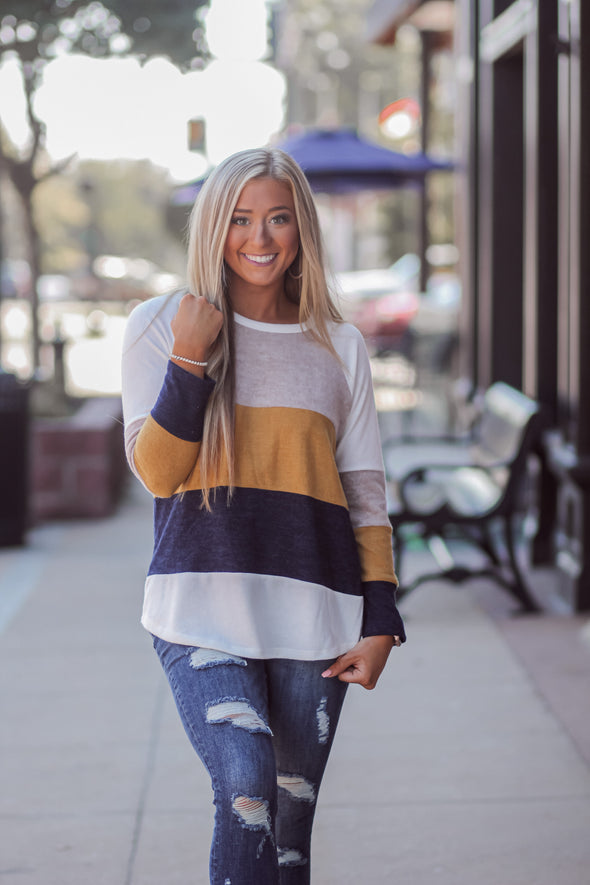 Mustard and Navy Brushed Color Block Top