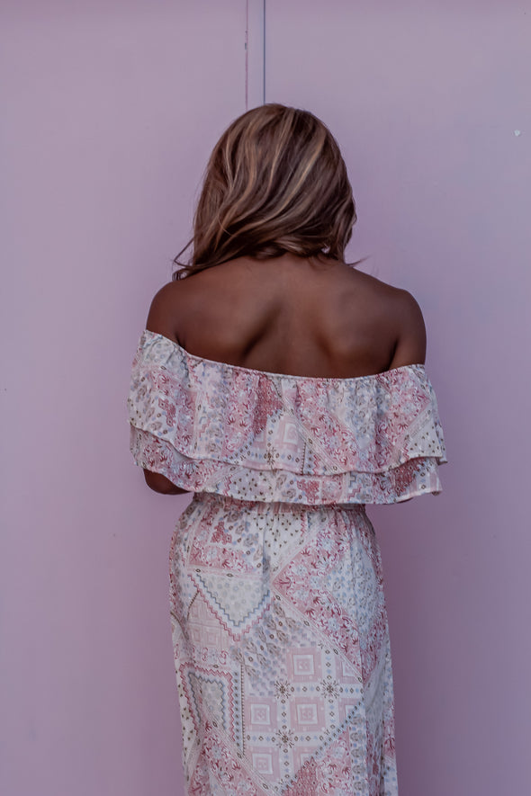 Cream & Pink Multi Print Off Shoulder Maxi Dress