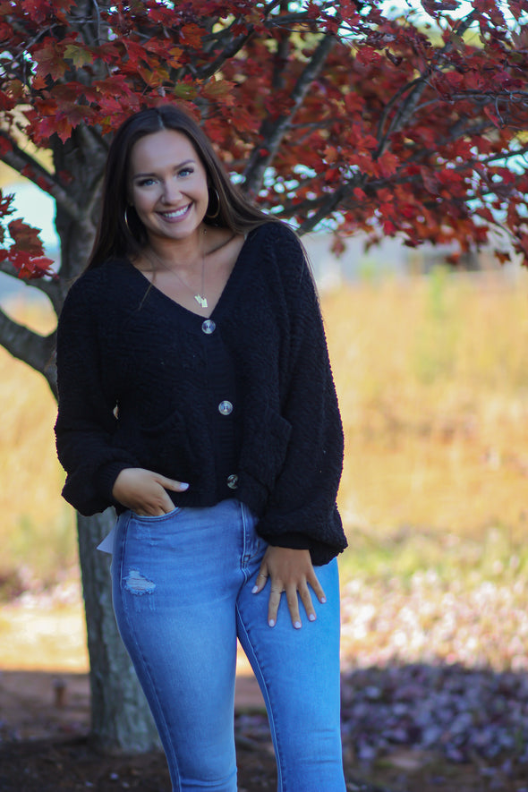 Black Balloon Sleeve Button Down Popcorn Sweater