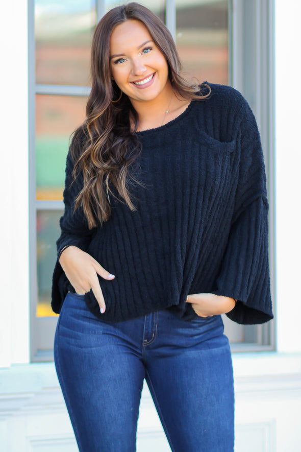 Black 3/4 Length Ribbed Sweater