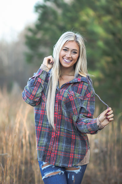 Washed Navy & Hunter Green Plaid Hooded Flannel