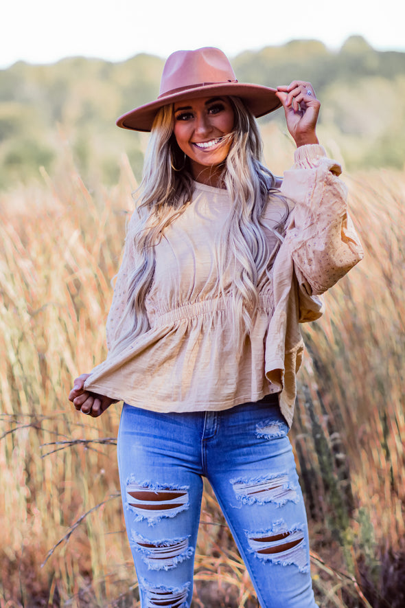 Peach & Ditsy Floral Contrast Bubble Sleeve Top