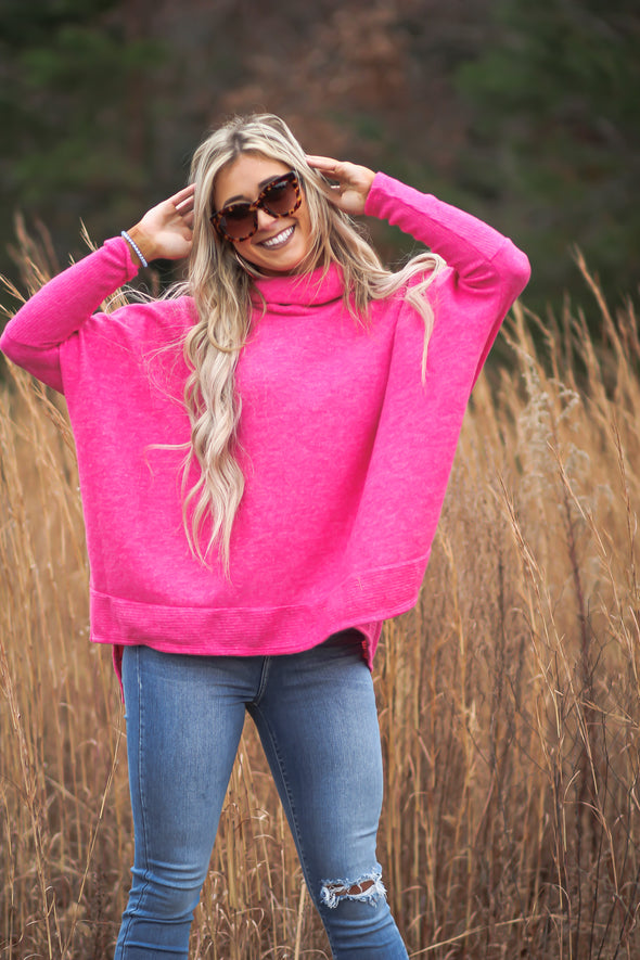 Fuchsia Brushed Knit Cowl Neck Top