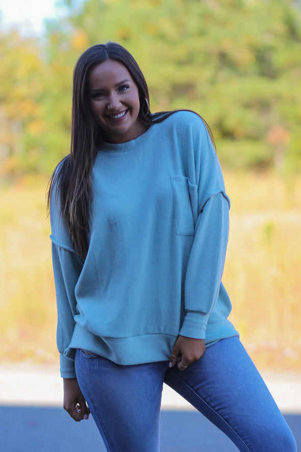 Dusty Sage Brushed Front Pocket Sweater