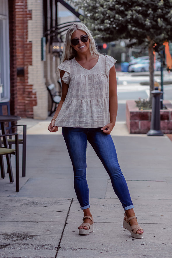 Taupe Textured Tiered Babydoll Blouse