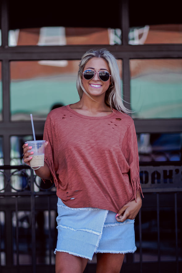 Rust Distressed Fringe Sleeve Blouse