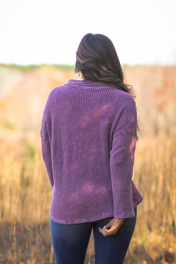 Washed Magenta Waffle Knit Button Down Shacket